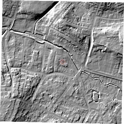 Shaded relief map of the ground around LU32NA, computed from Environment Agency LiDAR. The ground here sits at about 112 m above sea level and falls 14 m across the surrounding 800 m. Surface water reaching this point runs off ground lying to the north-west, 1.1 m higher.