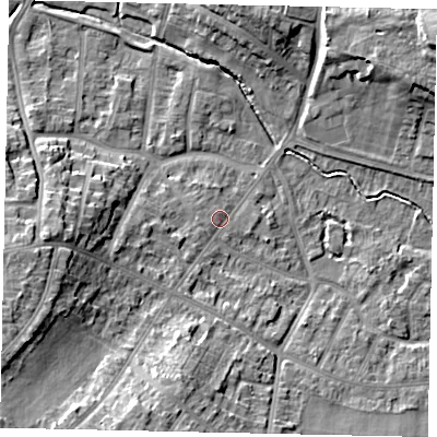 Shaded relief map of the ground around LU32NB, computed from Environment Agency LiDAR. The ground here sits at about 112 m above sea level and falls 15 m across the surrounding 800 m. Surface water reaching this point runs off ground lying to the west, 9.6 m higher.