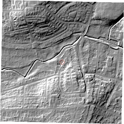 Shaded relief map of the ground around LU32PX, computed from Environment Agency LiDAR. The ground here sits at about 112 m above sea level and falls 14 m across the surrounding 800 m. Surface water reaching this point runs off ground lying to the south, 10.6 m higher.
