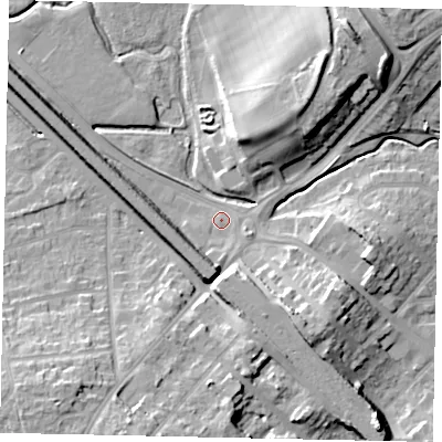 Shaded relief map of the ground around LU32RZ, computed from Environment Agency LiDAR. The ground here sits at about 115 m above sea level and falls 16 m across the surrounding 800 m. Surface water reaching this point runs off ground lying to the south-south-west, 12.1 m higher.