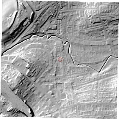 Shaded relief map of the ground around LU32SF, computed from Environment Agency LiDAR. The ground here sits at about 113 m above sea level and falls 17 m across the surrounding 800 m. Surface water reaching this point runs off ground lying to the west-south-west, 8.4 m higher.