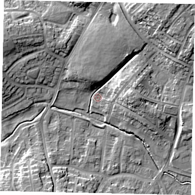 Shaded relief map of the ground around LU32XS, computed from Environment Agency LiDAR. The ground here sits at about 112 m above sea level and falls 14 m across the surrounding 800 m. Surface water reaching this point runs off ground lying to the north, 7.3 m higher.