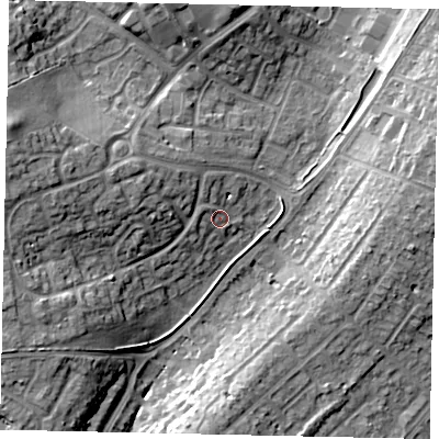 Shaded relief map of the ground around LU33XE, computed from Environment Agency LiDAR. The ground here sits at about 117 m above sea level and falls 14 m across the surrounding 800 m. Surface water reaching this point runs off ground lying to the west-north-west, 2.2 m higher.