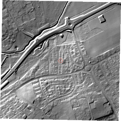 Shaded relief map of the ground around LU40TY, computed from Environment Agency LiDAR. The ground here sits at about 126 m above sea level and falls 18 m across the surrounding 800 m. Surface water reaching this point runs off ground lying to the south-south-west, 12.2 m higher.