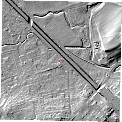 Shaded relief map of the ground around LU49AB, computed from Environment Agency LiDAR. The ground here sits at about 116 m above sea level and falls 14 m across the surrounding 800 m. Surface water reaching this point runs off ground lying to the south-south-west, 11.7 m higher.