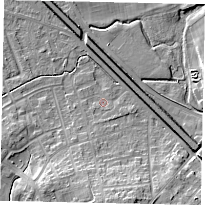 Shaded relief map of the ground around LU49AL, computed from Environment Agency LiDAR. The ground here sits at about 116 m above sea level and falls 13 m across the surrounding 800 m. Surface water reaching this point runs off ground lying to the south-south-west, 2.8 m higher.
