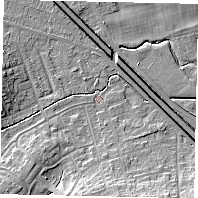 Shaded relief map of the ground around LU49BB, computed from Environment Agency LiDAR. The ground here sits at about 116 m above sea level and falls 11 m across the surrounding 800 m. Surface water reaching this point runs off ground lying to the south, 9.7 m higher.