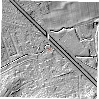 Shaded relief map of the ground around LU49BD, computed from Environment Agency LiDAR. The ground here sits at about 116 m above sea level and falls 8 m across the surrounding 800 m. Surface water reaching this point runs off ground lying to the south-west, 7.8 m higher.