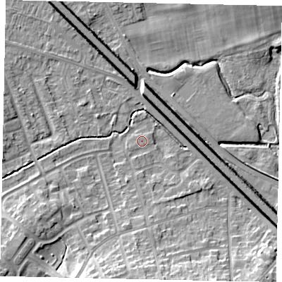 Shaded relief map of the ground around LU49BE, computed from Environment Agency LiDAR. The ground here sits at about 116 m above sea level and falls 10 m across the surrounding 800 m. The ground contributing surface water to this point lies to the west-south-west.