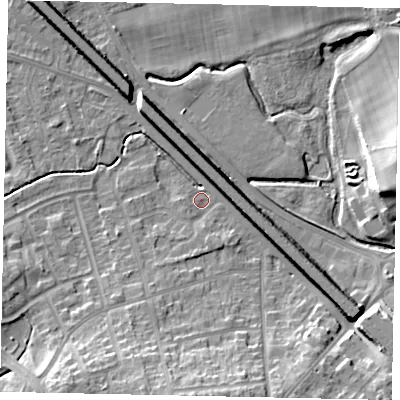 Shaded relief map of the ground around LU49BQ, computed from Environment Agency LiDAR. The ground here sits at about 116 m above sea level and falls 12 m across the surrounding 800 m. Surface water reaching this point runs off ground lying to the south, 11.3 m higher.