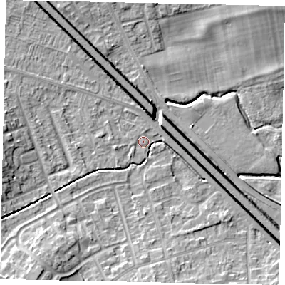 Shaded relief map of the ground around LU49DF, computed from Environment Agency LiDAR. The ground here sits at about 116 m above sea level and falls 8 m across the surrounding 800 m. Surface water reaching this point runs off ground lying to the south-west, 7.2 m higher.