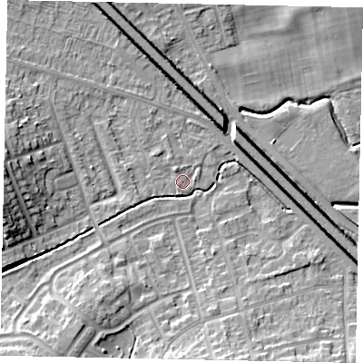Shaded relief map of the ground around LU49DR, computed from Environment Agency LiDAR. The ground here sits at about 116 m above sea level and falls 11 m across the surrounding 800 m. Surface water reaching this point runs off ground lying to the north-north-west, 1.2 m higher.
