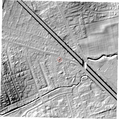 Shaded relief map of the ground around LU49EA, computed from Environment Agency LiDAR. The ground here sits at about 116 m above sea level and falls 14 m across the surrounding 800 m. Surface water reaching this point runs off ground lying to the west, 0.7 m higher.