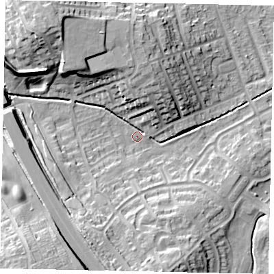 Shaded relief map of the ground around LU49EF, computed from Environment Agency LiDAR. The ground here sits at about 118 m above sea level and falls 20 m across the surrounding 800 m. Surface water reaching this point runs off ground lying to the north-west, 17.2 m higher.