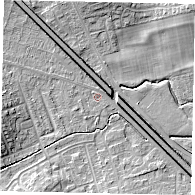 Shaded relief map of the ground around LU49EG, computed from Environment Agency LiDAR. The ground here sits at about 116 m above sea level and falls 10 m across the surrounding 800 m. Surface water reaching this point runs off ground lying to the north-west, 6.6 m higher.