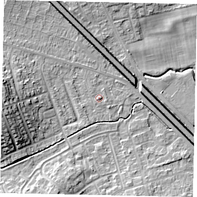 Shaded relief map of the ground around LU49EH, computed from Environment Agency LiDAR. The ground here sits at about 117 m above sea level and falls 14 m across the surrounding 800 m. Surface water reaching this point runs off ground lying to the west, 11.8 m higher.
