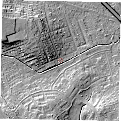 Shaded relief map of the ground around LU49EU, computed from Environment Agency LiDAR. The ground here sits at about 118 m above sea level and falls 17 m across the surrounding 800 m. Surface water reaching this point runs off ground lying to the south-west, 14.2 m higher.