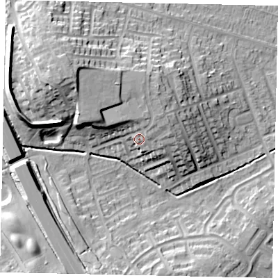 Shaded relief map of the ground around LU49EW, computed from Environment Agency LiDAR. The ground here sits at about 125 m above sea level and falls 19 m across the surrounding 800 m. Surface water reaching this point runs off ground lying to the north, 4.5 m higher.