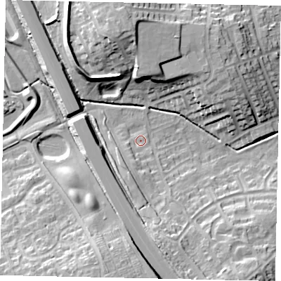 Shaded relief map of the ground around LU49EY, computed from Environment Agency LiDAR. The ground here sits at about 119 m above sea level and falls 19 m across the surrounding 800 m. Surface water reaching this point runs off ground lying to the south-west, 3.0 m higher.