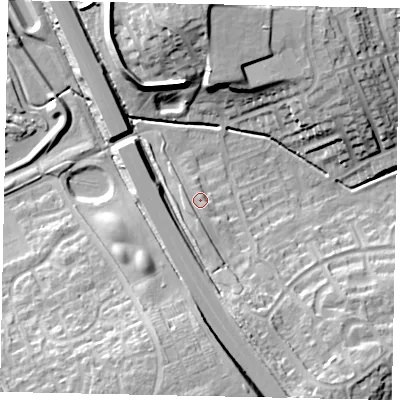 Shaded relief map of the ground around LU49FD, computed from Environment Agency LiDAR. The ground here sits at about 122 m above sea level and falls 20 m across the surrounding 800 m. Surface water reaching this point runs off ground lying to the south, 2.4 m higher.