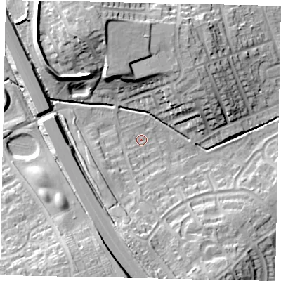Shaded relief map of the ground around LU49HB, computed from Environment Agency LiDAR. The ground here sits at about 118 m above sea level and falls 20 m across the surrounding 800 m. Surface water reaching this point runs off ground lying to the south, 8.8 m higher.