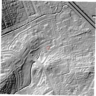 Shaded relief map of the ground around LU49HT, computed from Environment Agency LiDAR. The ground here sits at about 118 m above sea level and falls 16 m across the surrounding 800 m. Surface water reaching this point runs off ground lying to the south, 5.8 m higher.