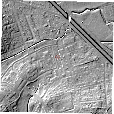 Shaded relief map of the ground around LU49HX, computed from Environment Agency LiDAR. The ground here sits at about 116 m above sea level and falls 14 m across the surrounding 800 m. Surface water reaching this point runs off ground lying to the south-west, 10.2 m higher.