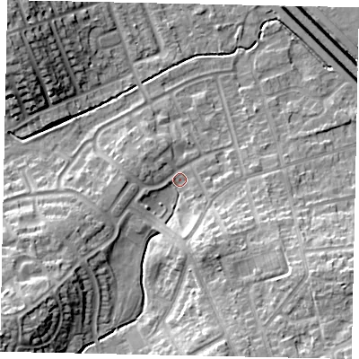 Shaded relief map of the ground around LU49HY, computed from Environment Agency LiDAR. The ground here sits at about 118 m above sea level and falls 18 m across the surrounding 800 m. Surface water reaching this point runs off ground lying to the south-west, 12.7 m higher.