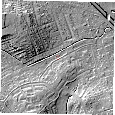 Shaded relief map of the ground around LU49JA, computed from Environment Agency LiDAR. The ground here sits at about 117 m above sea level and falls 16 m across the surrounding 800 m. Surface water reaching this point runs off ground lying to the south-west, 12.9 m higher.