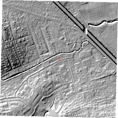 Shaded relief map of the ground around LU49JB, computed from Environment Agency LiDAR. The ground here sits at about 116 m above sea level and falls 14 m across the surrounding 800 m. Surface water reaching this point runs off ground lying to the south-west, 9.5 m higher.