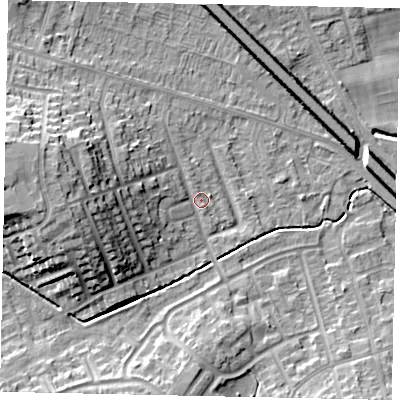 Shaded relief map of the ground around LU49JG, computed from Environment Agency LiDAR. The ground here sits at about 117 m above sea level and falls 16 m across the surrounding 800 m. Surface water reaching this point runs off ground lying to the west-north-west, 12.2 m higher.