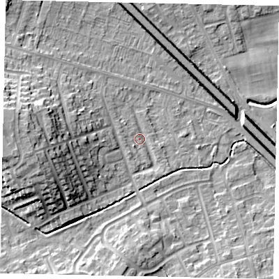 Shaded relief map of the ground around LU49JH, computed from Environment Agency LiDAR. The ground here sits at about 117 m above sea level and falls 15 m across the surrounding 800 m. Surface water reaching this point runs off ground lying to the west, 13.3 m higher.