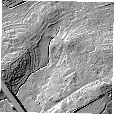 Shaded relief map of the ground around LU49LU, computed from Environment Agency LiDAR. The ground here sits at about 120 m above sea level and falls 16 m across the surrounding 800 m. Surface water reaching this point runs off ground lying to the south-south-east, 13.1 m higher.
