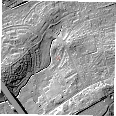 Shaded relief map of the ground around LU49LX, computed from Environment Agency LiDAR. The ground here sits at about 120 m above sea level and falls 16 m across the surrounding 800 m. Surface water reaching this point runs off ground lying to the south-south-east, 13.2 m higher.