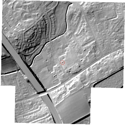 Shaded relief map of the ground around LU49ND, computed from Environment Agency LiDAR. The ground here sits at about 124 m above sea level and falls 16 m across the surrounding 800 m. Surface water reaching this point runs off ground lying to the south-east, 11.0 m higher.