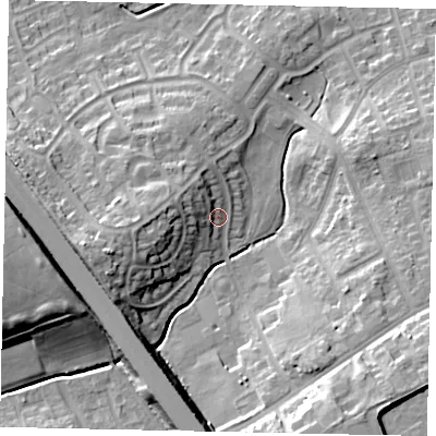 Shaded relief map of the ground around LU49NE, computed from Environment Agency LiDAR. The ground here sits at about 122 m above sea level and falls 19 m across the surrounding 800 m. Surface water reaching this point runs off ground lying to the west-north-west, 7.1 m higher.