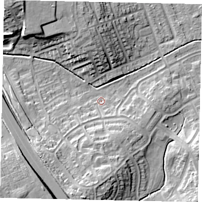 Shaded relief map of the ground around LU49PD, computed from Environment Agency LiDAR. The ground here sits at about 118 m above sea level and falls 21 m across the surrounding 800 m. Surface water reaching this point runs off ground lying to the south-west, 5.3 m higher.