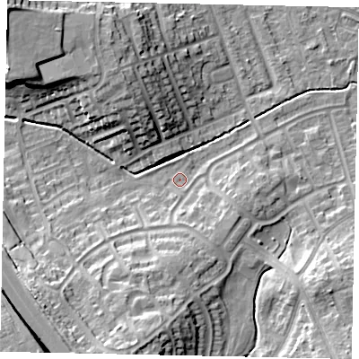 Shaded relief map of the ground around LU49PE, computed from Environment Agency LiDAR. The ground here sits at about 117 m above sea level and falls 20 m across the surrounding 800 m. Surface water reaching this point runs off ground lying to the south-west, 6.1 m higher.
