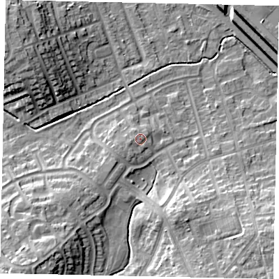 Shaded relief map of the ground around LU49YB, computed from Environment Agency LiDAR. The ground here sits at about 119 m above sea level and falls 18 m across the surrounding 800 m. Surface water reaching this point runs off ground lying to the south-west, 1.7 m higher.