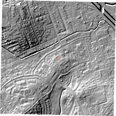 Shaded relief map of the ground around LU49YD, computed from Environment Agency LiDAR. The ground here sits at about 119 m above sea level and falls 17 m across the surrounding 800 m. Surface water reaching this point runs off ground lying to the south, 2.8 m higher.