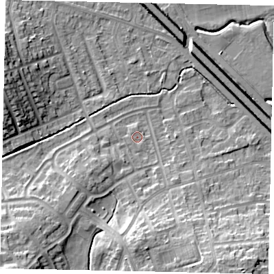 Shaded relief map of the ground around LU49YH, computed from Environment Agency LiDAR. The ground here sits at about 117 m above sea level and falls 14 m across the surrounding 800 m. Surface water reaching this point runs off ground lying to the south-south-east, 0.6 m higher.