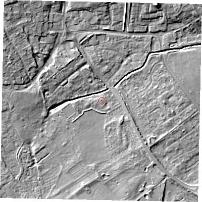 Shaded relief map of the ground around LU55GZ, computed from Environment Agency LiDAR. The ground here sits at about 128 m above sea level and falls 10 m across the surrounding 800 m. Surface water reaching this point runs off ground lying to the south-south-east, 3.3 m higher.