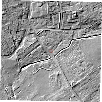 Shaded relief map of the ground around LU55LE, computed from Environment Agency LiDAR. The ground here sits at about 127 m above sea level and falls 10 m across the surrounding 800 m. Surface water reaching this point runs off ground lying to the west-north-west, 8.0 m higher.