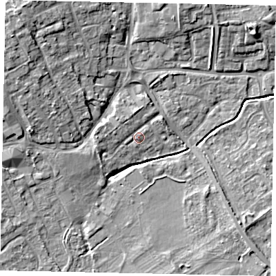 Shaded relief map of the ground around LU55LJ, computed from Environment Agency LiDAR. The ground here sits at about 129 m above sea level and falls 12 m across the surrounding 800 m. Surface water reaching this point runs off ground lying to the west, 2.5 m higher.