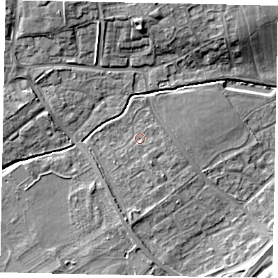 Shaded relief map of the ground around LU55QX, computed from Environment Agency LiDAR. The ground here sits at about 127 m above sea level and falls 11 m across the surrounding 800 m. Surface water reaching this point runs off ground lying to the south-south-east, 1.8 m higher.