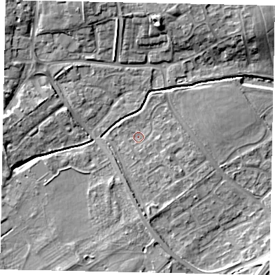 Shaded relief map of the ground around LU55QY, computed from Environment Agency LiDAR. The ground here sits at about 127 m above sea level and falls 9 m across the surrounding 800 m. Surface water reaching this point runs off ground lying to the south-east, 2.0 m higher.