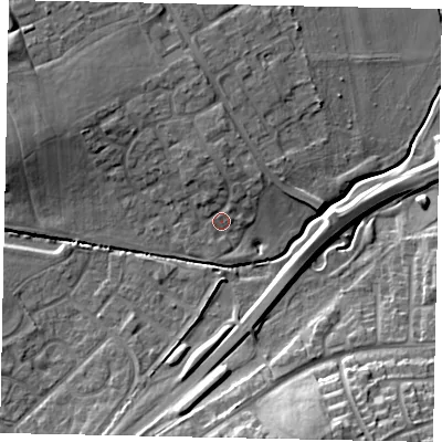 Shaded relief map of the ground around LU55SD, computed from Environment Agency LiDAR. The ground here sits at about 125 m above sea level and falls 16 m across the surrounding 800 m. Surface water reaching this point runs off ground lying to the west-north-west, 6.5 m higher.