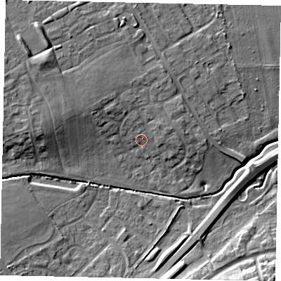 Shaded relief map of the ground around LU55SF, computed from Environment Agency LiDAR. The ground here sits at about 126 m above sea level and falls 10 m across the surrounding 800 m. Surface water reaching this point runs off ground lying to the north-north-west, 3.4 m higher.