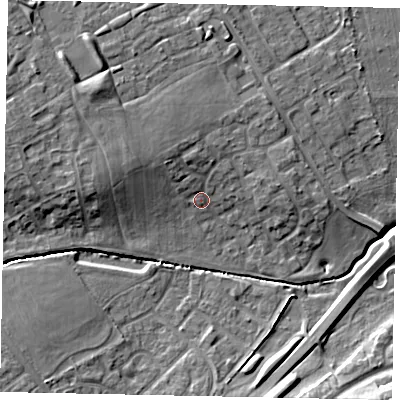 Shaded relief map of the ground around LU55SH, computed from Environment Agency LiDAR. The ground here sits at about 126 m above sea level and falls 10 m across the surrounding 800 m. Surface water reaching this point runs off ground lying to the west-north-west, 4.9 m higher.