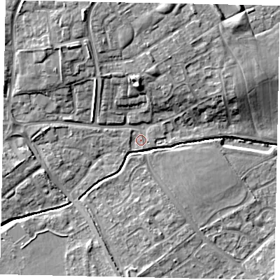 Shaded relief map of the ground around LU55SQ, computed from Environment Agency LiDAR. The ground here sits at about 127 m above sea level and falls 11 m across the surrounding 800 m. Surface water reaching this point runs off ground lying to the north-north-west, 7.9 m higher.